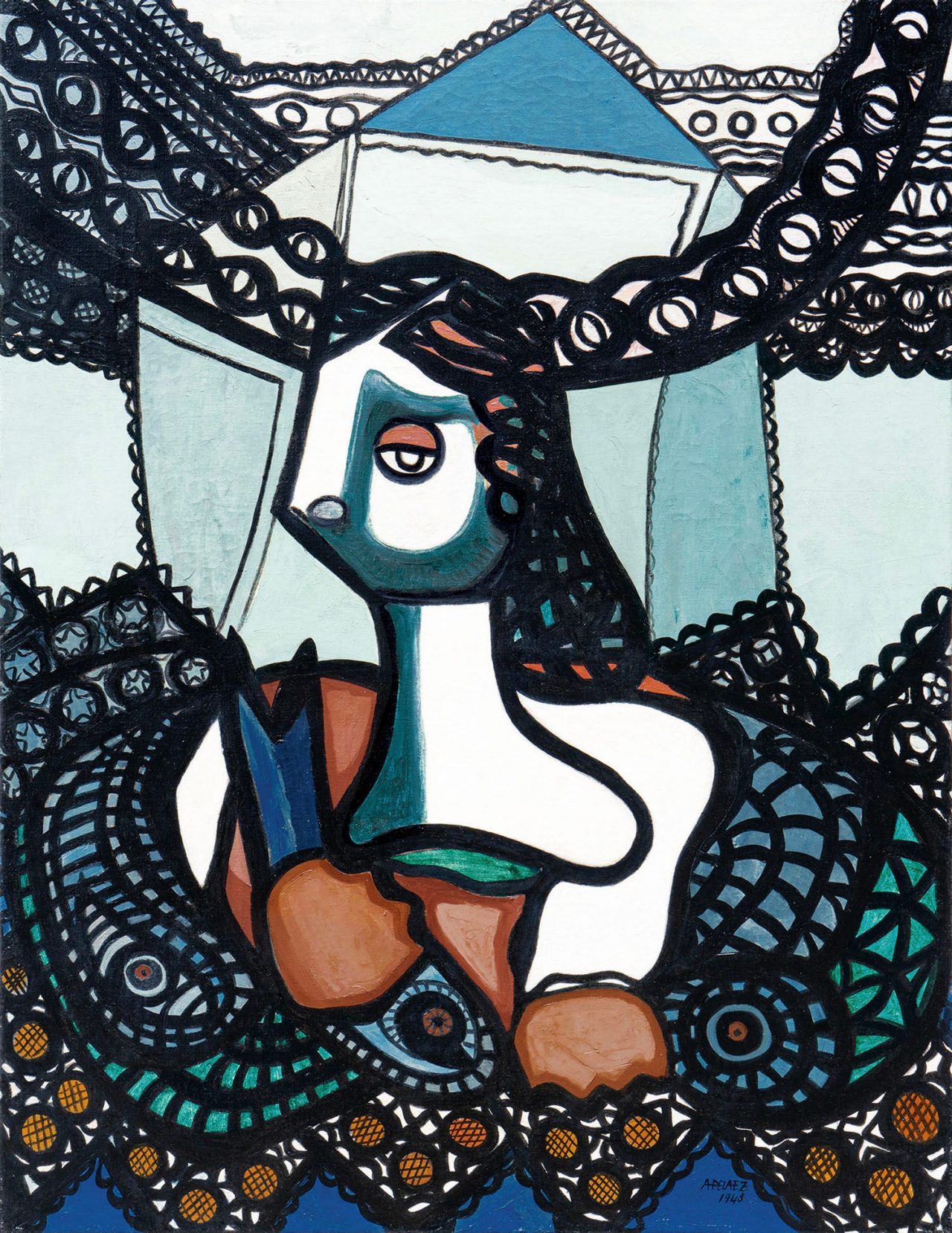 Amelia Pel脙隆ez (1896芒  1968)
Woman with Fish | Mujer con pez, 1948
oil on canvas | 脙鲁leo sobre lienzo, Col. Cernuda Arte
